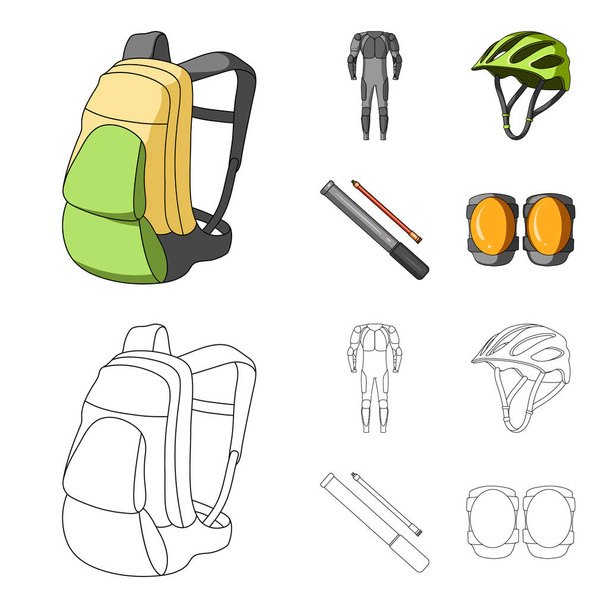 Full-body suit for the rider, helmet, pump with a hose, knee protectors.Cyclist outfit set collection icons in cartoon,outline style vector symbol stock illustration web. - Вектор, зображення