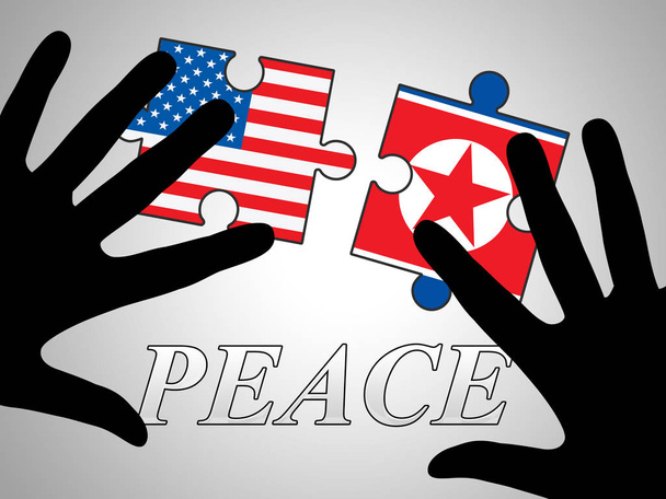 Amerika Severní Korea mír láska příznak 3d ilustrace. Pokojné lásce a dohoda mezi Spojenými státy a KLDR spolupráce rozhovory - Fotografie, Obrázek
