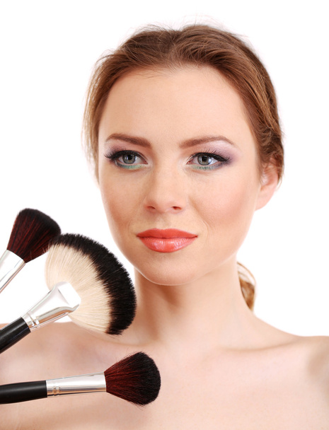 portrait of beautiful woman with make-up brushes, isolated on white - Foto, Imagem