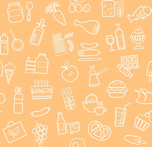 Food, seamless pattern, contour, grocery store, vector. Food and drinks, production and sale. Vector background. White line icons on the coral field.  - Vector, Imagen