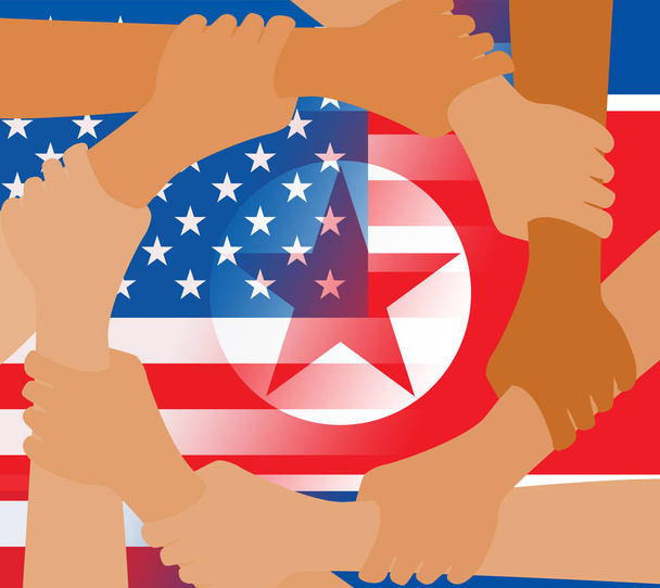 EE.UU. Corea del Norte Banderas de las Manos de la Paz Ilustración 3d. Acuerdo pacifista de libertad y desnuclearización entre EE.UU. y Rocket Man Crisis Conversaciones
 - Foto, Imagen