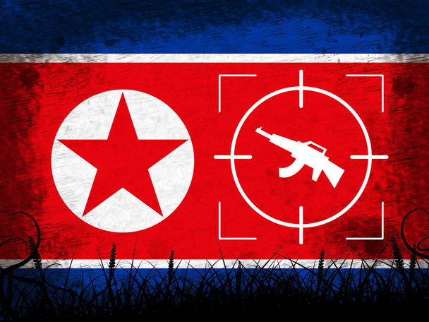 Coreia do Norte Militar e Bandeira Ilustração 3d. Confronto de infantaria coreano ou armas da força de batalha para a batalha por NK
 - Foto, Imagem
