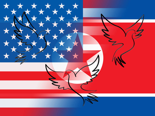 Estados Unidos Corea del Norte Peace Doves 3d Illustration. Acuerdo pacifista de libertad y desnuclearización entre EE.UU. y NK Dprk Crisis Conversaciones
 - Foto, Imagen
