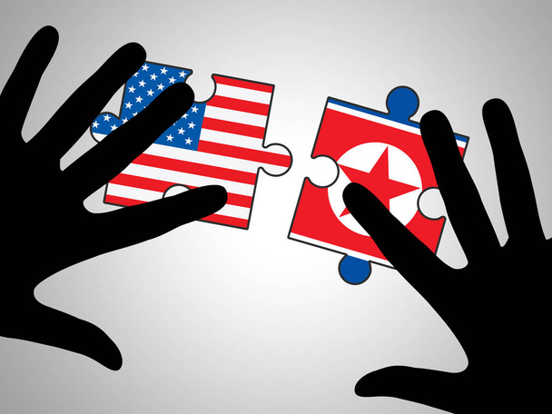 Corea del Nord e noi rischio per la sicurezza puzzle 3D Illustrazione. Conflitto o crisi ed economia nucleare Diplomazia tra Stati Uniti e NK
 - Foto, immagini
