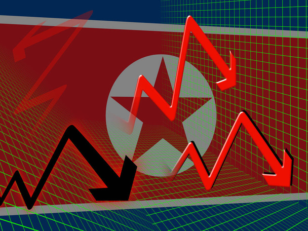 Corea del Nord Economia Failing Market 3d Illustrazione. Mostra il disastro economico di Pyongyang, il fallimento, la crisi finanziaria e le finanze in calo
 - Foto, immagini