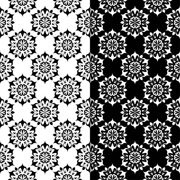 Black and white floral backgrounds. Set of monochrome seamless patterns for textile and wallpapers - Vector, Imagen