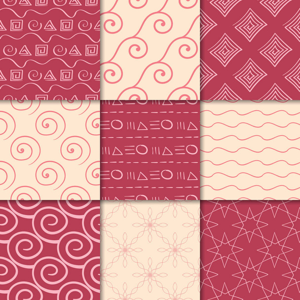 桜赤とベージュ幾何学的装飾。Web、テキスタイルや壁紙のためのシームレスなパターンのコレクション - ベクター画像