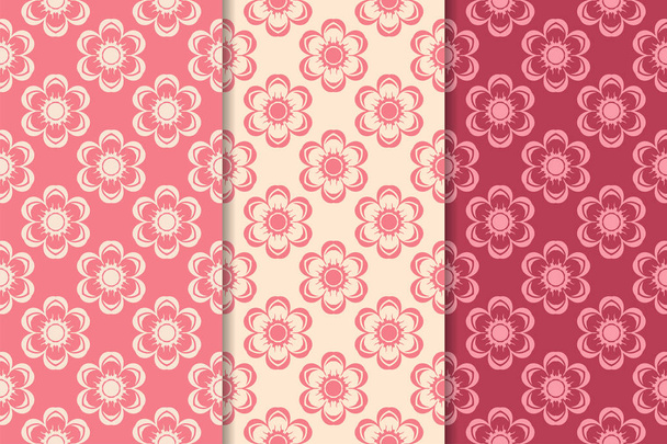 Set of red floral ornaments. Cherry pink vertical seamless patterns. Wallpaper backgrounds - Vecteur, image