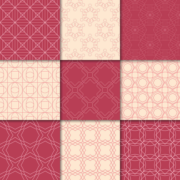 Adornos geométricos rojo cereza y beige. Colección de patrones sin costura para tela, textil y fondos de pantalla
 - Vector, Imagen