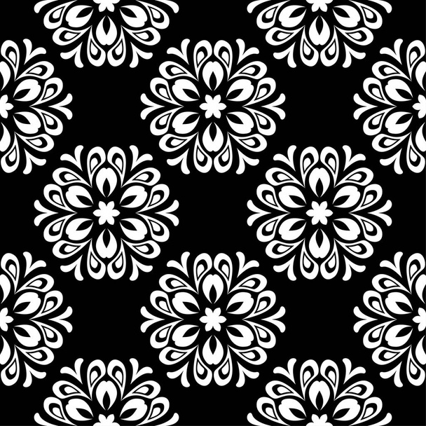 White floral ornament on black background. Seamless pattern for textile and wallpapers - Vector, imagen