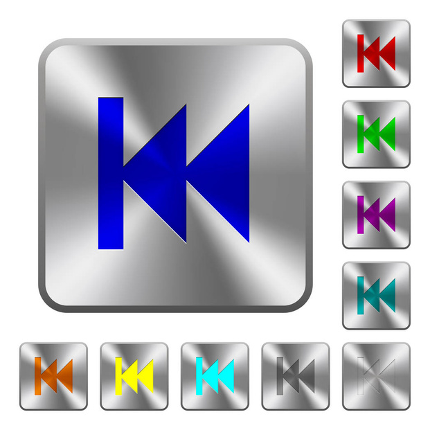 Mídia ícones gravados para trás rápido em botões de aço brilhantes quadrados arredondados
 - Vetor, Imagem