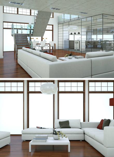 Twee weergaven van modern interieur loft ontwerp met groene sofa 's - Foto, afbeelding