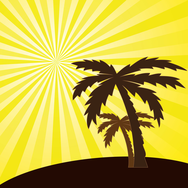 Vector illustration of a tropical sunset and palm trees. - Вектор, зображення