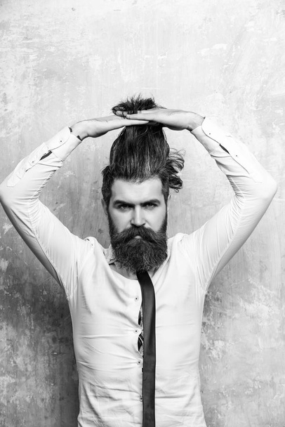 Male beauty and grooming concept. hairdresser bearded man with long beard on serious face - Foto, Imagem