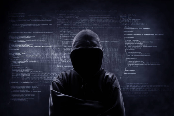 Інтернет злочинністю концепції. Хакер працює над код на темному тлі цифровий з цифровий інтерфейс навколо. - Фото, зображення