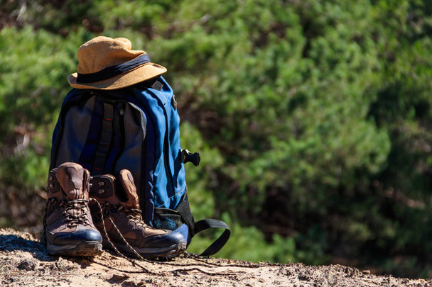 Plecak turystyczny, buty turystyczne i kapelusz na polanie w sosnowym lesie. Koncepcja wędrówki - Zdjęcie, obraz
