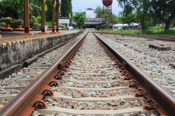 railway track on gravel  for train transportation: Select focus with shallow depth of field : - Photo, Image
