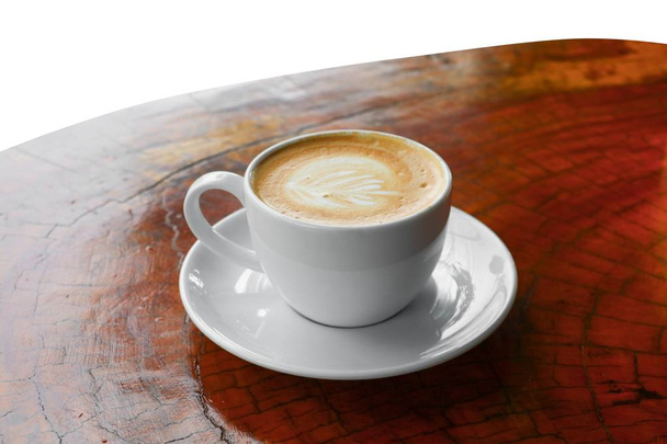 coffee cappuccino in wood floor close up on white background - Photo, Image
