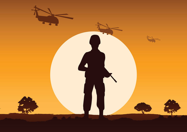 Żołnierz trzymać pistolet stoisko bronić mocny punkt, powyżej latać helikopterem - Wektor, obraz