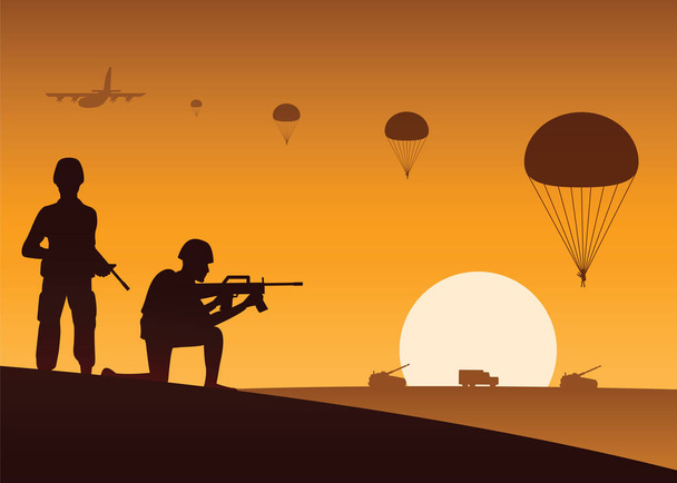 soldier hold gun and another ready to shoot,paratrooper down and vehicle move to target - Vector, Image