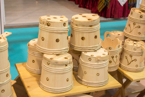 Set of buckets made of wood in a market place - Photo, Image