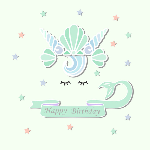 Vector illustration with Mermaid tail, sea shell crown. Mermaid as patch, sticker, cake toppers, laser cut plastic, t-shirt design.Template for Mermaid style party invitation, birthday, greeting card - Вектор,изображение