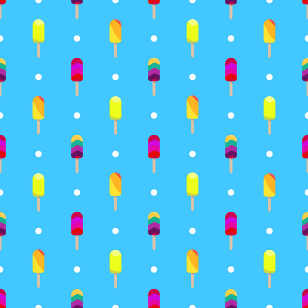 Ice cream or popsicle seamless retro vector pattern decorated with polka dots.  Colorful summer desert - fruit ice lolly. Design for wallpaper, wrapping, fabric, background, apparel, prints, banners.  - Vector, Image