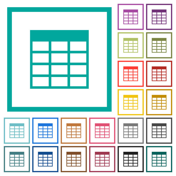 Συνάρτηση υπολογιστικού φύλλου πίνακα επίπεδη χρώμα εικονίδια με τεταρτημόριο πλαίσια σε άσπρο φόντο - Διάνυσμα, εικόνα