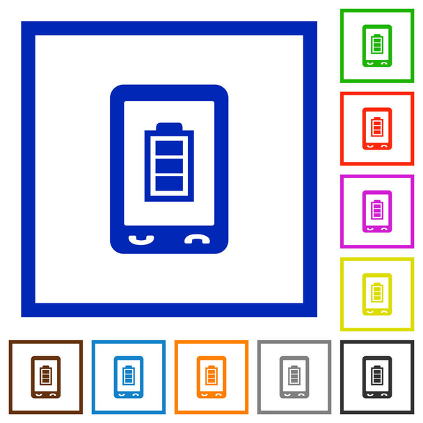 Flache Farb-Symbole für den mobilen Batteriestatus in quadratischen Rahmen auf weißem Hintergrund - Vektor, Bild