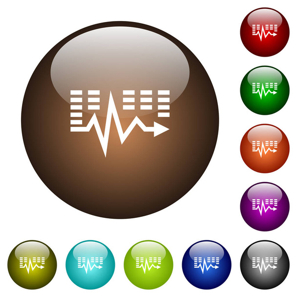 Μουσική κύματα λευκά εικονίδια στα κουμπιά γυάλινη στρογγυλή χρώμα - Διάνυσμα, εικόνα