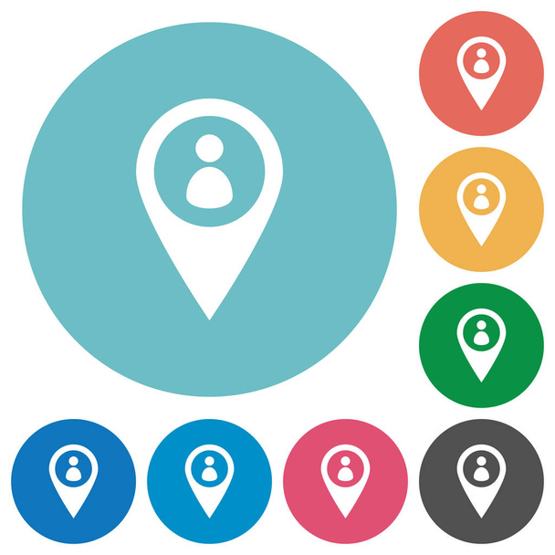 Mitglied GPS-Karte Standort flache weiße Symbole auf runden farbigen Hintergründen - Vektor, Bild