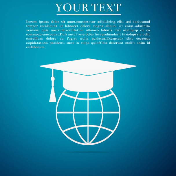 Tapa de graduación en icono globo aislado sobre fondo azul. Símbolo de educación mundial. Concepto de aprendizaje en línea o aprendizaje electrónico. Diseño plano. Ilustración vectorial
 - Vector, Imagen