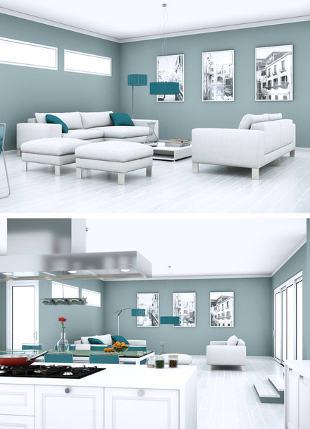 Dos vistas al moderno diseño de loft interior con sofás
 - Foto, imagen