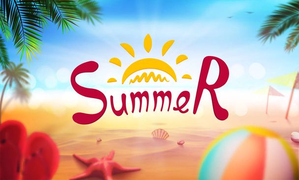 Εικονογράφηση διάνυσμα απόθεμα ρεαλιστική παραλία. Το καλοκαίρι και τον ήλιο, θάλασσα. Σύνολο, μπάλα, αστερίες, κέλυφος, Φοίνικα, παντόφλες παραλία. Τέχνη για πανό, φυλλάδια, billboard, πλακάτ, παρουσίαση, έκθεσης και αφίσας - Διάνυσμα, εικόνα