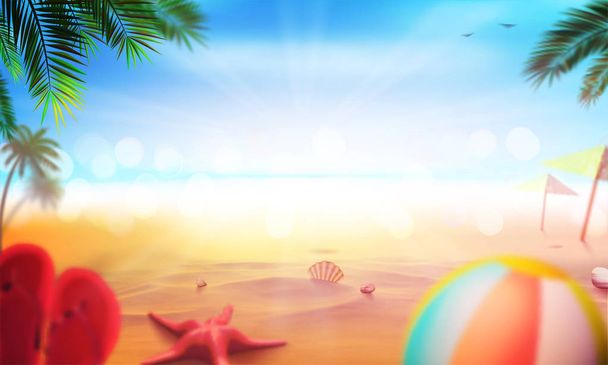 Stock vektori kuva realistinen ranta. Kesä ja aurinko, meri. Aseta, pallo, meritähti, kuori, palmu, rantatohvelit. Taide bannereille, lehtisille, mainostauluille, kylteille, esitelmille, raporteille ja julisteille
 - Vektori, kuva