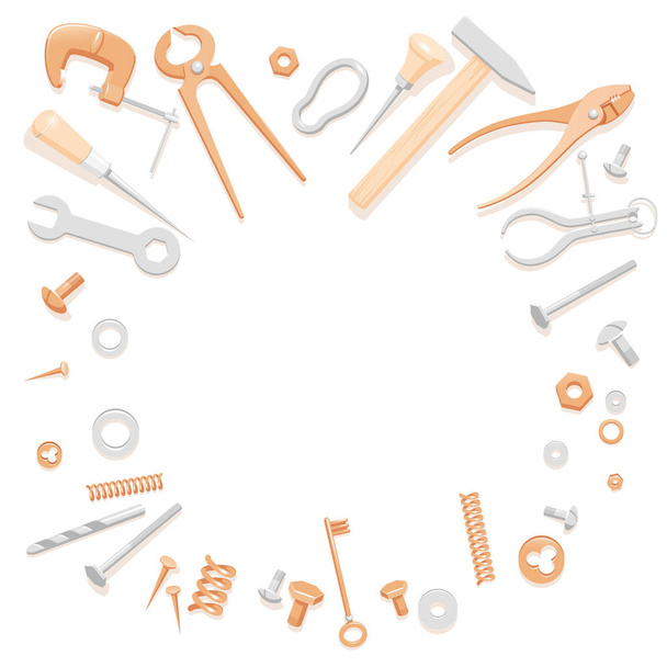 Illustration of household tools. Tools composition for banner. Illustration of tools for a logotype. Handyman's tools for a business card. Contents of a tool box for a master class flyer. Tools lying in circle with space for text in the middle.  - Vector, Image