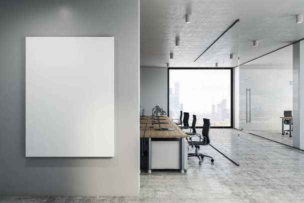 Modern coworking office interior with empty poster on wall and city view. Mock up, 3D Rendering  - Φωτογραφία, εικόνα