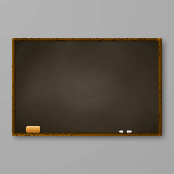 Braune Kreidetafel an grauer Wand. Tafel mit Kreide und Radiergummi. Vektorillustration - Vektor, Bild