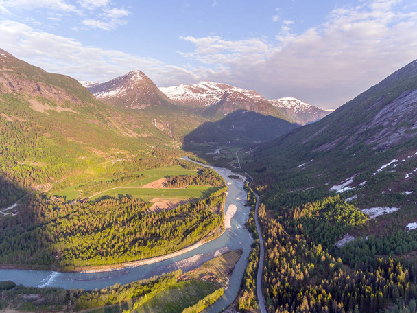 Aerial view of valley in Jostedalsbreen national park in Norway in a sunny day - Photo, Image