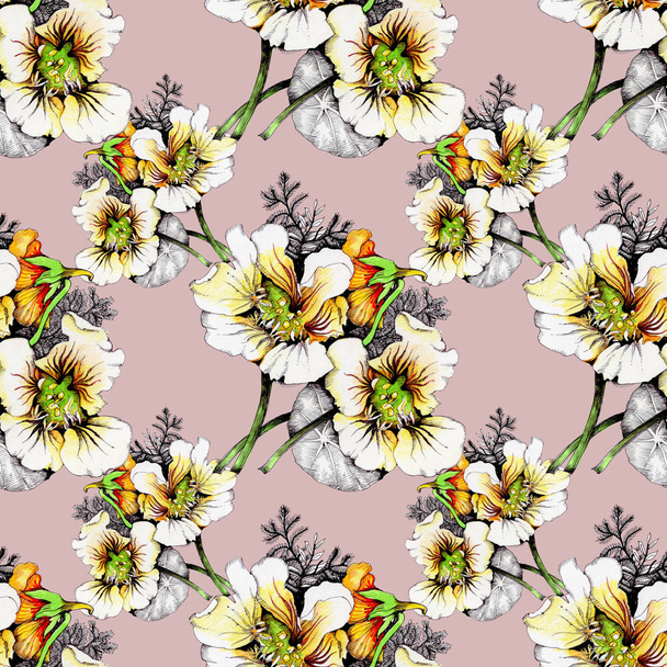 Watercolor  pattern with beautiful white-yellow  flowers - Zdjęcie, obraz