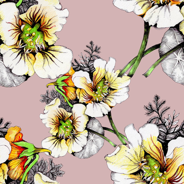 Watercolor  pattern with beautiful white-yellow  flowers - Фото, изображение