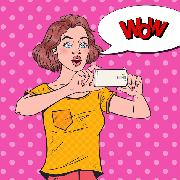 Pop Art Shocked Woman Making Video on Smartphone. Teenager Girl Taking Photo on Mobile Phone. Vector illustration - Vector, Image