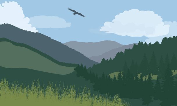 Illustration du paysage de montagne avec forêt et prairie, sous le ciel bleu avec nuages et oiseaux volants - vecteur
 - Vecteur, image