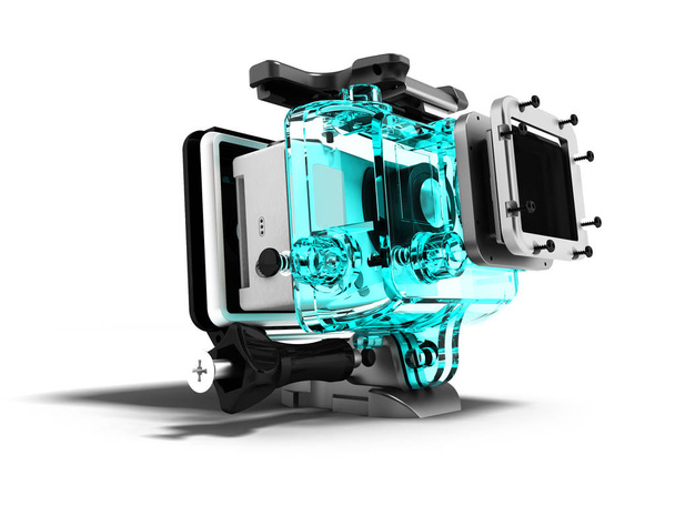 Moderne blauwe actiecamera voor extreme rest ontmanteld 3d render op witte achtergrond met schaduw - Foto, afbeelding