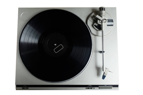 Old retro Vinyl record player. turntable on white background, top view. - Photo, Image