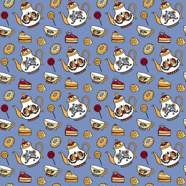 Seamless pattern with different tea, tea cups, lemons, donuts and confection - Vector, Imagen