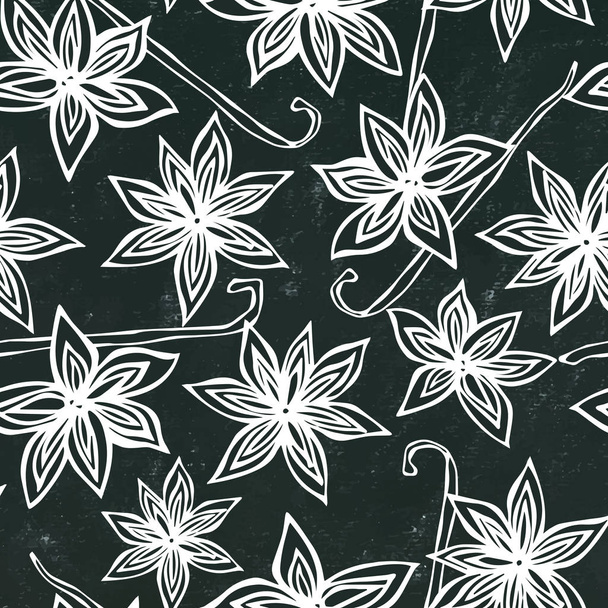 Black Board Background and Chalk. Anise Star Seed and Vanilla Seamless Endless Pattern. Seasonal Food Background. Cooking or Aromatherapy. Hand Drawn Illustration. Savoyar Doodle Style - Vecteur, image