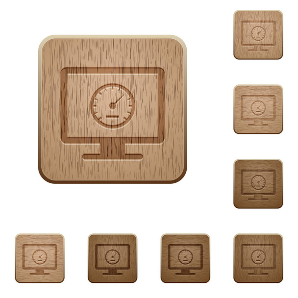 Computer benchmark on rounded square carved wooden button styles - Vector, Image