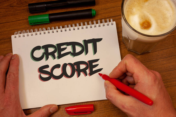 Writing note showing  Credit Score. Business photo showcasing Capacity to repay a loan Creditworthiness of an individual - Photo, Image