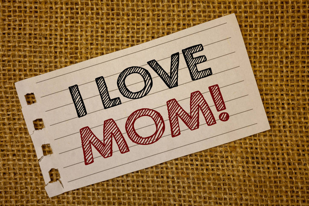 Szöveg jel mutatja, én szerelem anya motivációs hívja. Fogalmi fénykép jó érzés a saját anyja Tendernessnotebook page ötletek üzenet fekete piros betűkkel szavakat fonott háttér - Fotó, kép